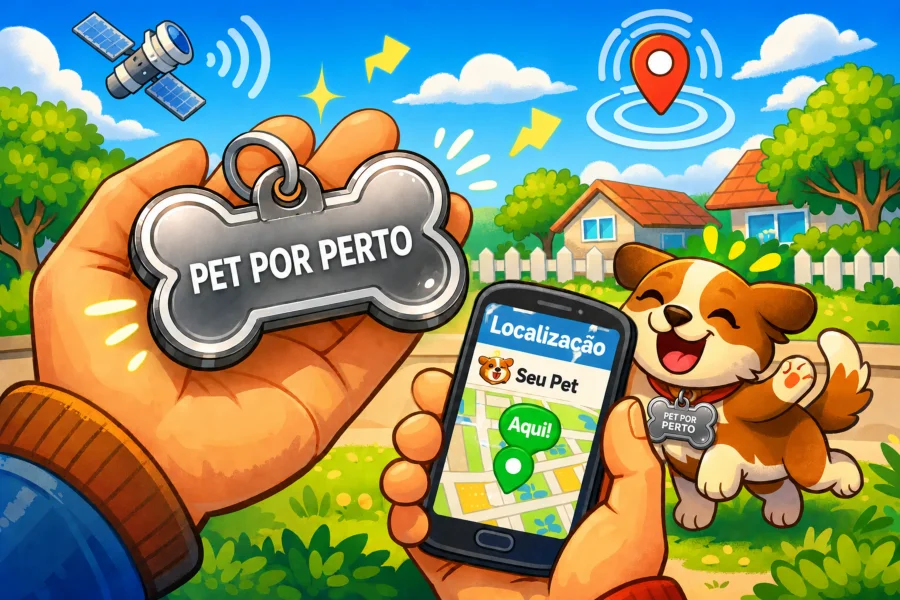 Tag Localizadora Pet Por Perto na mão de um tutor, com o app mostrando a localização do pet
